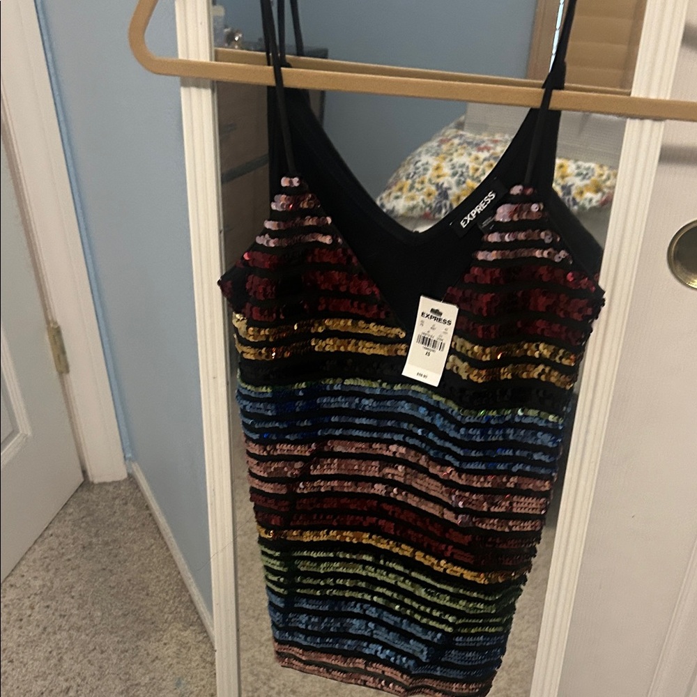 Express Black Multi-Color Sequin Stripe Tank Top